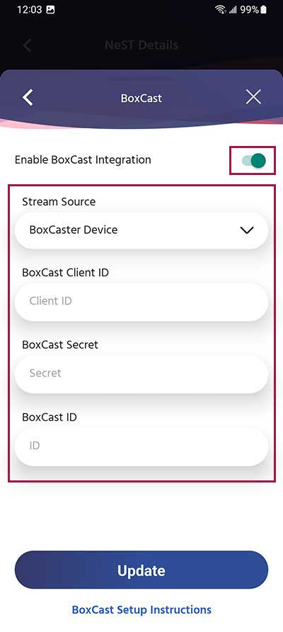 Enter Boxcast settings