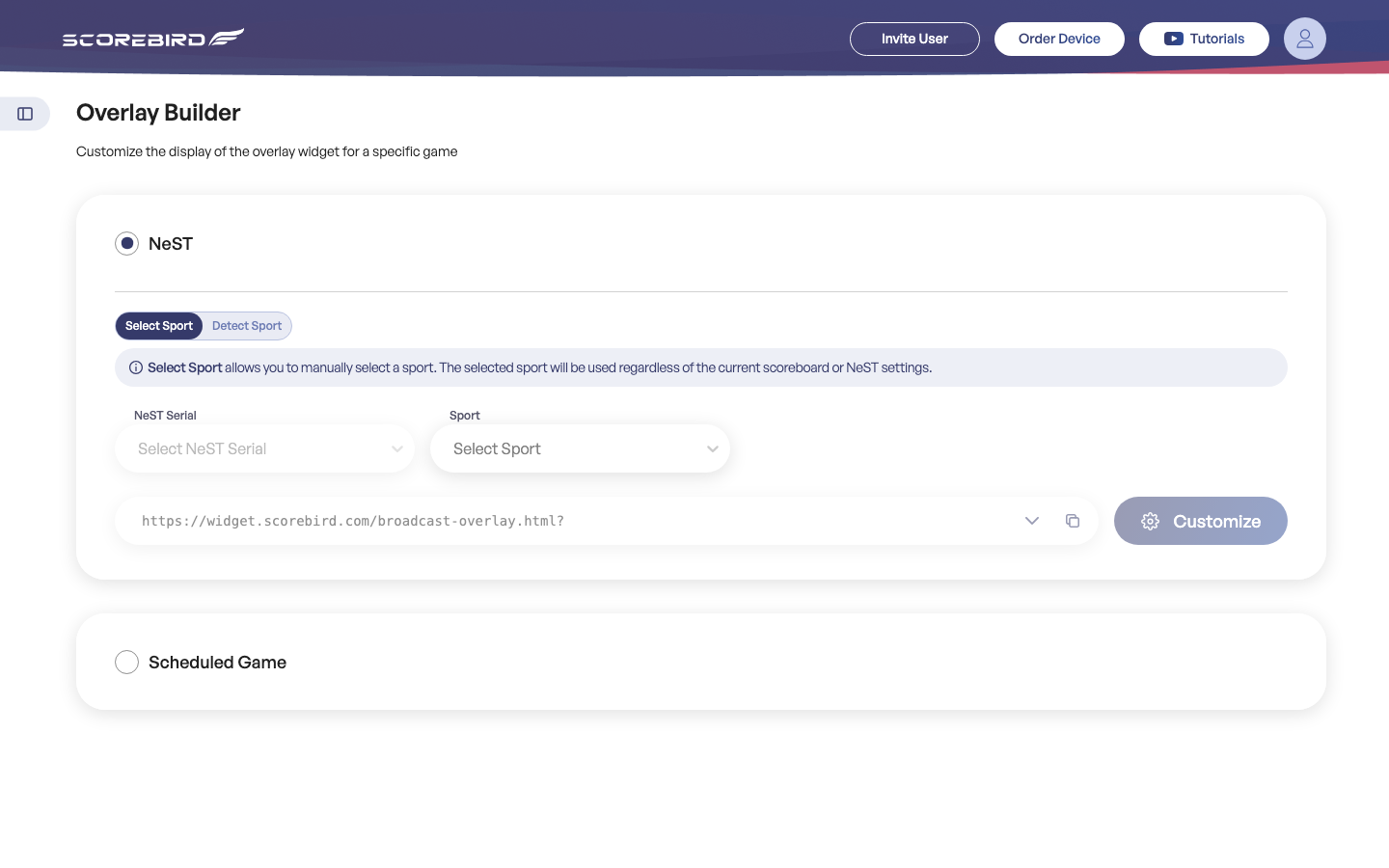 Overlay Builder screen showing source selection, sport detection tabs, NeST serial dropdown, and generated URL